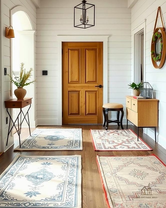 30 Clever Entryway Rug Ideas for Every Style 23 Rustic Farmhouse Rug with Distressed Stripes