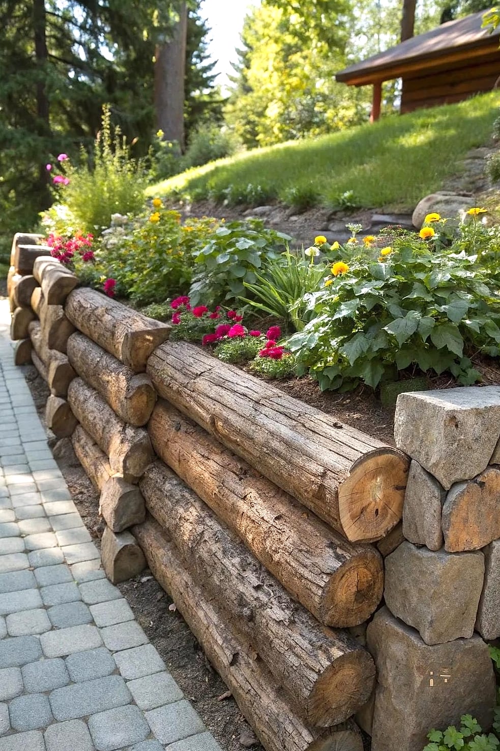 30 Beautiful Retaining Wall Ideas to Transform Your Space 23 Rustic Log Cabin Style Walls