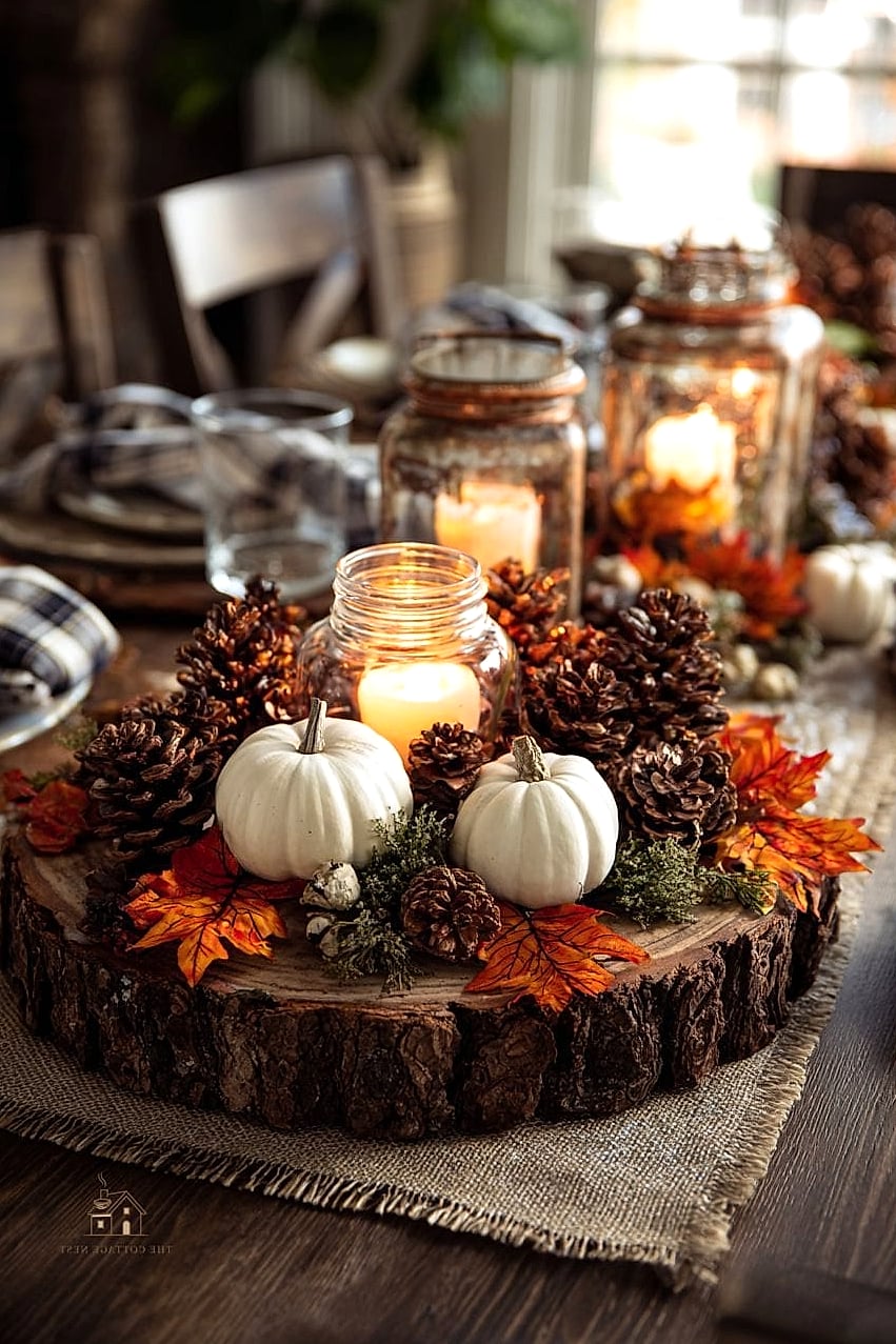 35 Beautiful Fall Table Centerpiece Ideas to Wow Your Guests 9 Rustic Wood Slice Base with Greenery