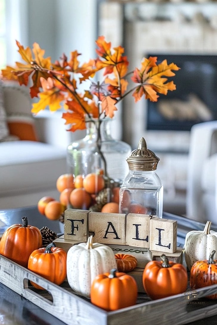 30 Dreamy Fall Tray Decorating Ideas to Try This Season 4 Rustic Wood Slice Tray