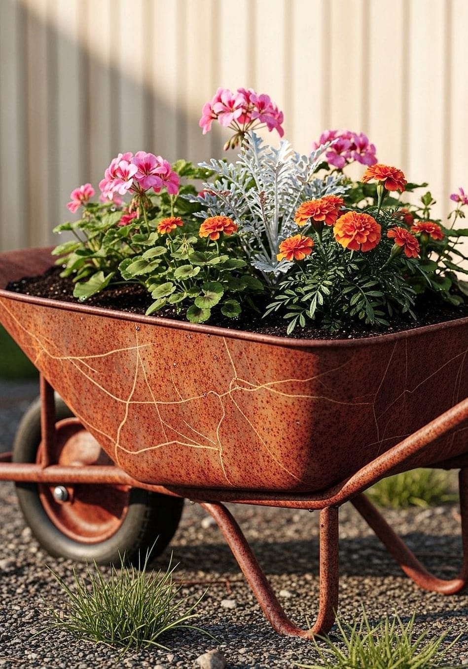 50 Clever Junk Garden Ideas Repurposed for Every Style 11 Rusty Wheelbarrow Flower Display
