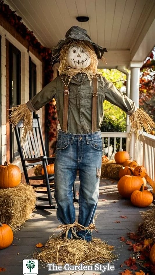 45 Gorgeous Fall Front Porch Decor Ideas That Are Totally Doable 30 A Scarecrow with a Modern Twist
