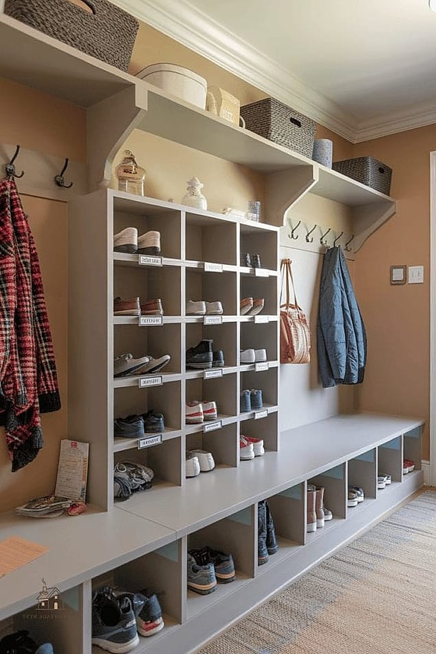 40 Amazing Small Entryway Shoe Storage Ideas on a Budget 41 Shoe Cubby Wall Made from Repurposed Crown Molding Scraps