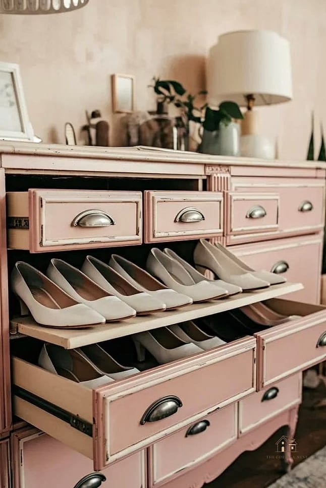 35 Chic Shoe Storage Ideas For Small Garages for a Beautiful Home 34 Shoe Storage in a Repurposed Dresser