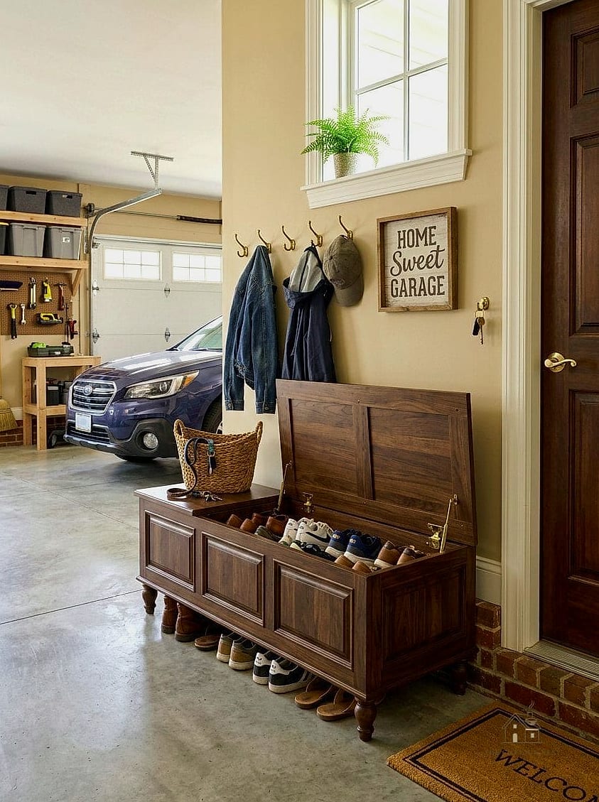 30 Cozy Garage Shoe Storage Ideas Worth Pinning 26 A Shoe Storage Bench with a Removable Cushion for Seasonal Swaps