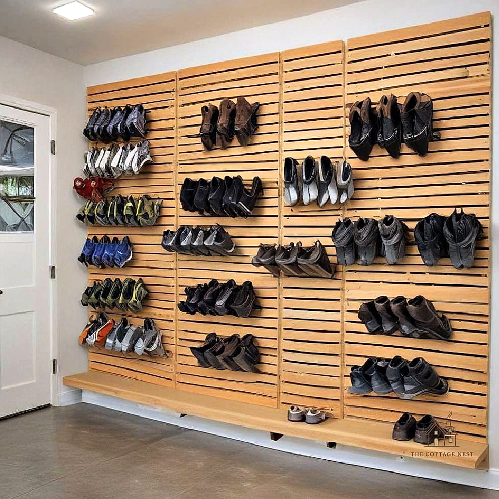 30 Cozy Garage Shoe Storage Ideas Worth Pinning 18 Slatwall Panels with Shoe Hooks and Baskets