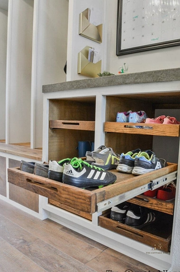 40 Amazing Small Entryway Shoe Storage Ideas on a Budget 32 Slide-Out Shoe Drawer in an Existing Cabinet