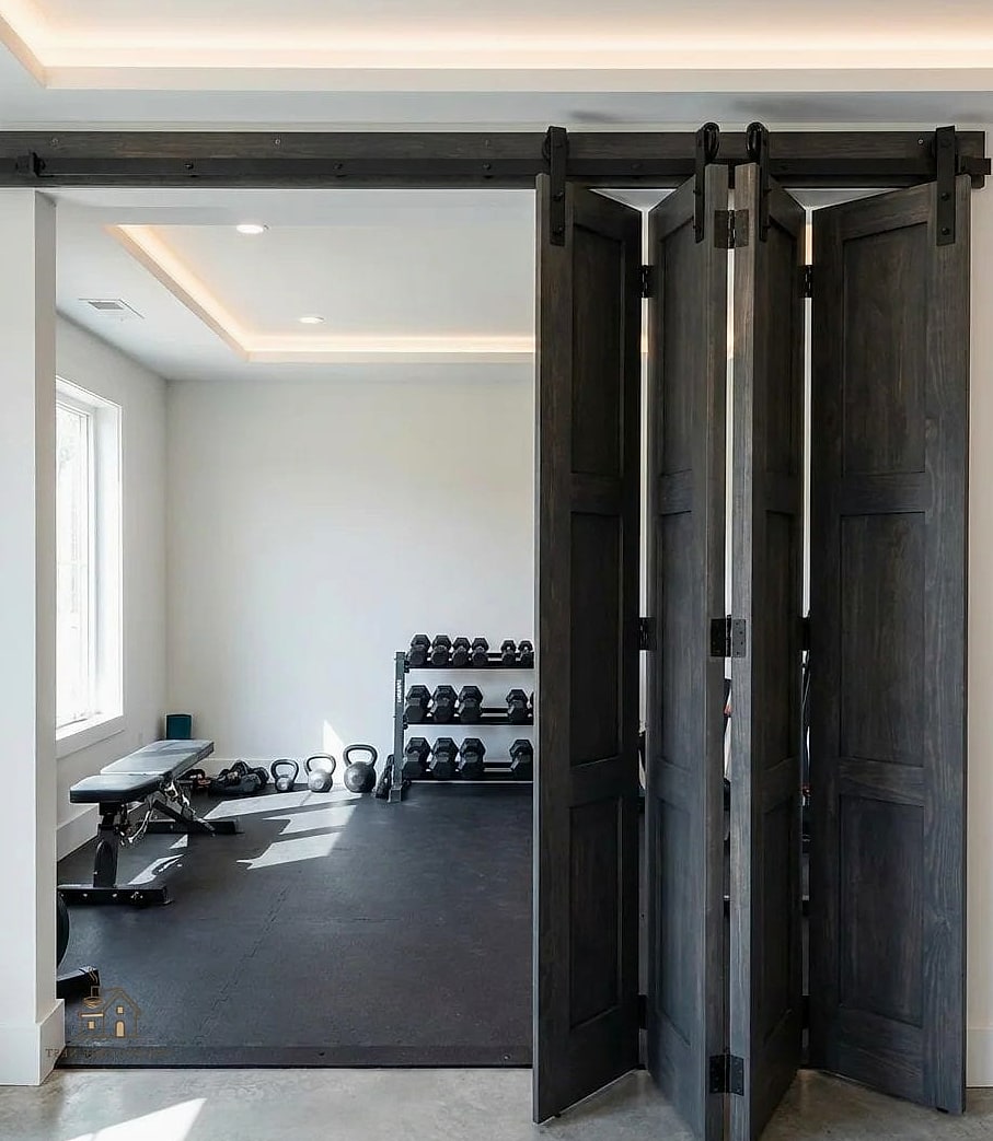 50 Beautiful Garage Gym Ideas to Transform Your Space 27 Sliding Barn Door Entrance