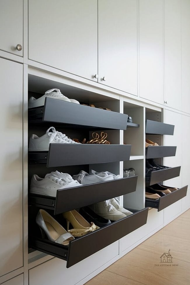 35 Chic Shoe Storage Ideas For Small Garages for a Beautiful Home 20 Sliding Shoe Drawer System