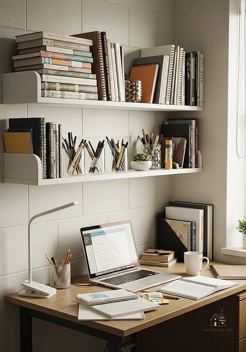 50 Beautiful College Dorm Desk Ideas to Transform Your Space 23 Slim Bookend Storage