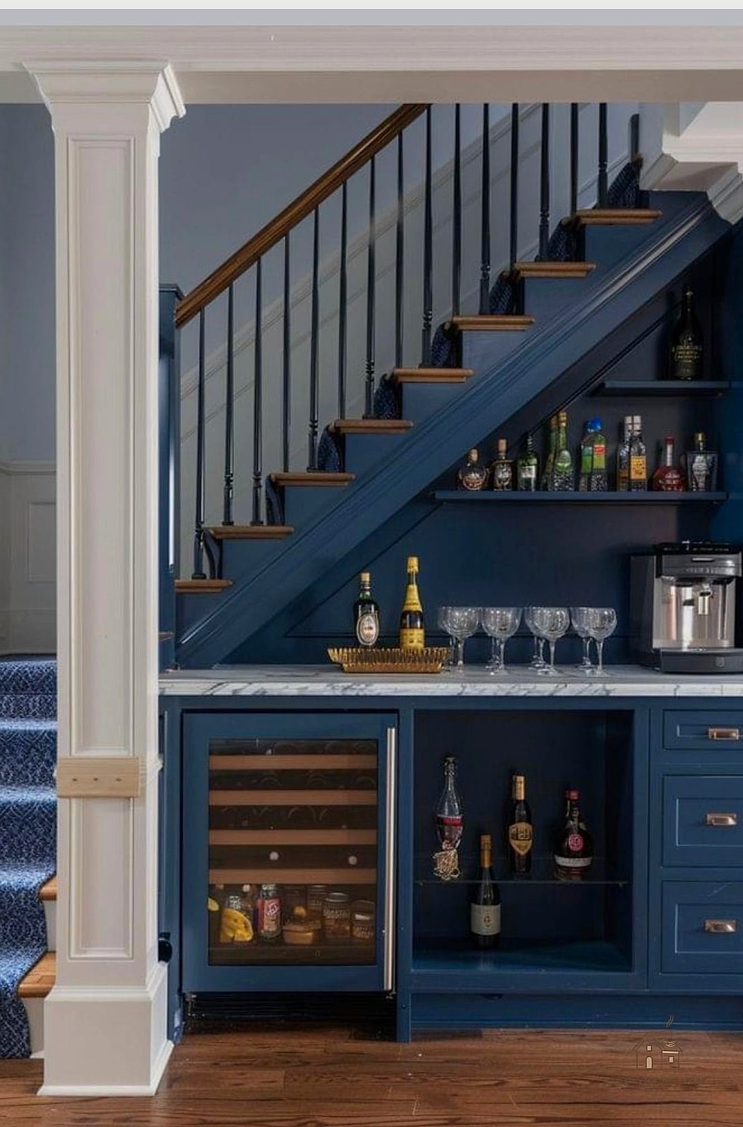 35 Creative Stair Landing Decor Ideas That Will Inspire You 28 A Small Bar Cart or Coffee Station