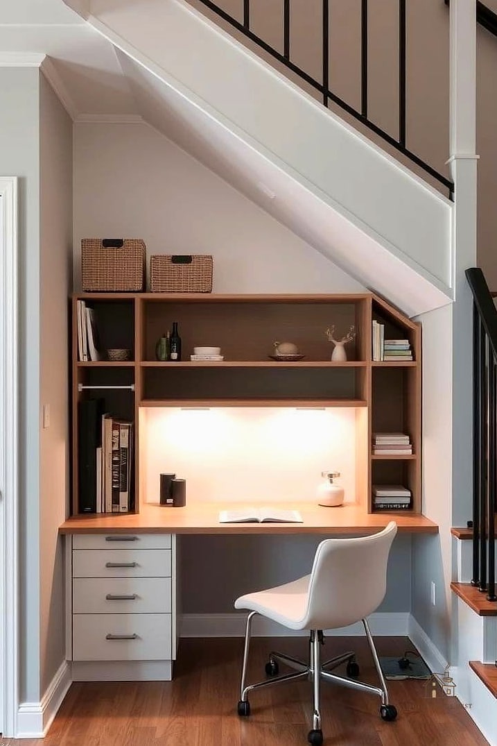 35 Creative Stair Landing Decor Ideas That Will Inspire You 17 A Small Desk or Work Nook