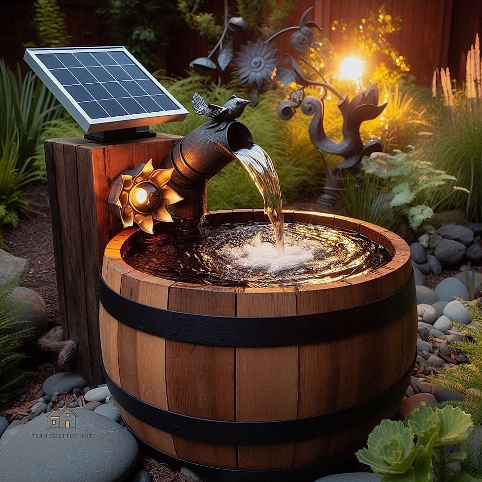 Solar Fountain Inside a Whiskey Barrel Planter