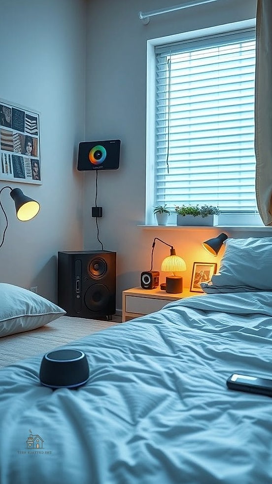 25 Gorgeous Dorm Room Ideas For Guys That Are Totally Doable 12 Speaker and Tech Shelf
