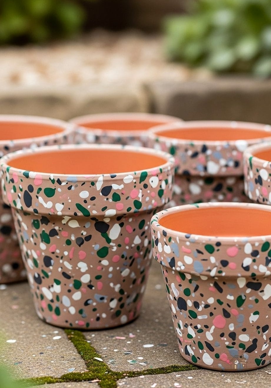 30 Amazing Flower Pots Painting Ideas on a Budget 8 Speckled Terrazzo-Inspired Pots