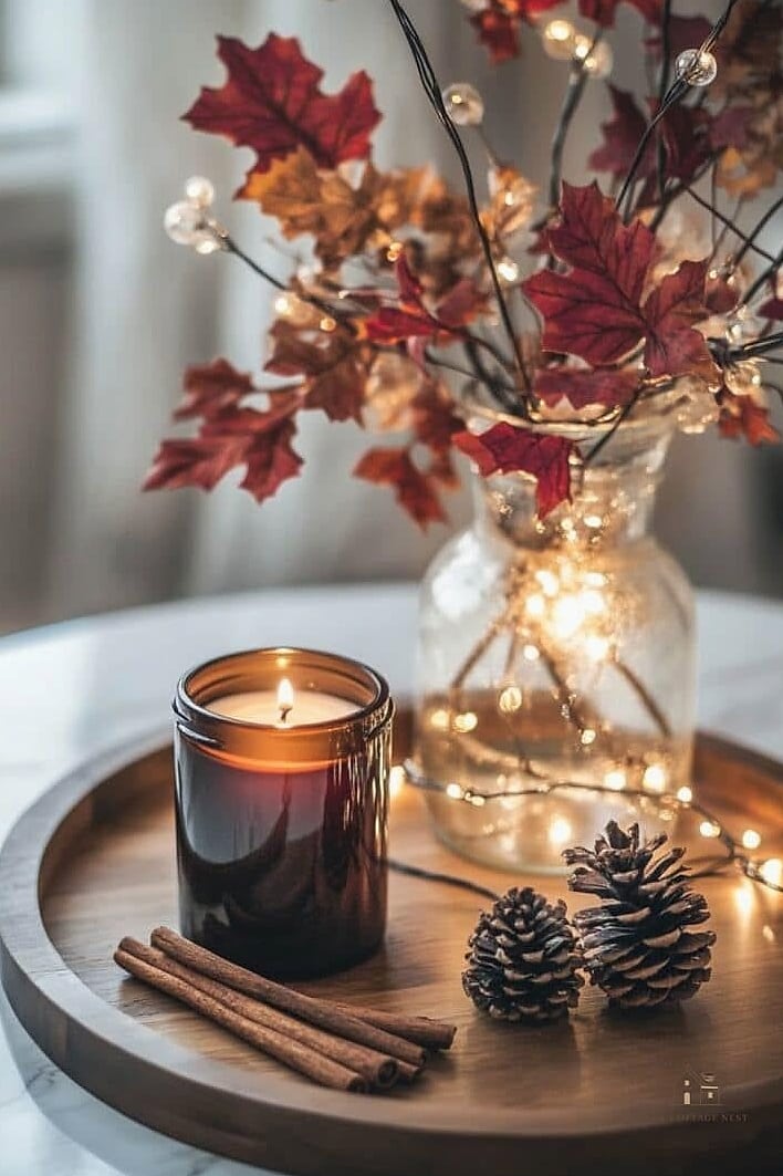30 Dreamy Fall Tray Decorating Ideas to Try This Season 7 Spiced Candle and Apple Display