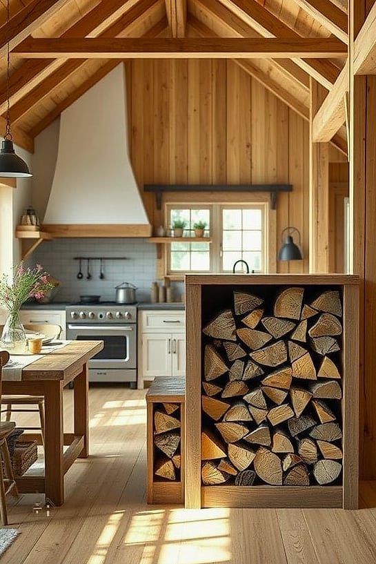 30 Stunning Fall Kitchen Decor Ideas That'll Make You Want to Cook All Season 16 Stacked Firewood Basket Near the Stove