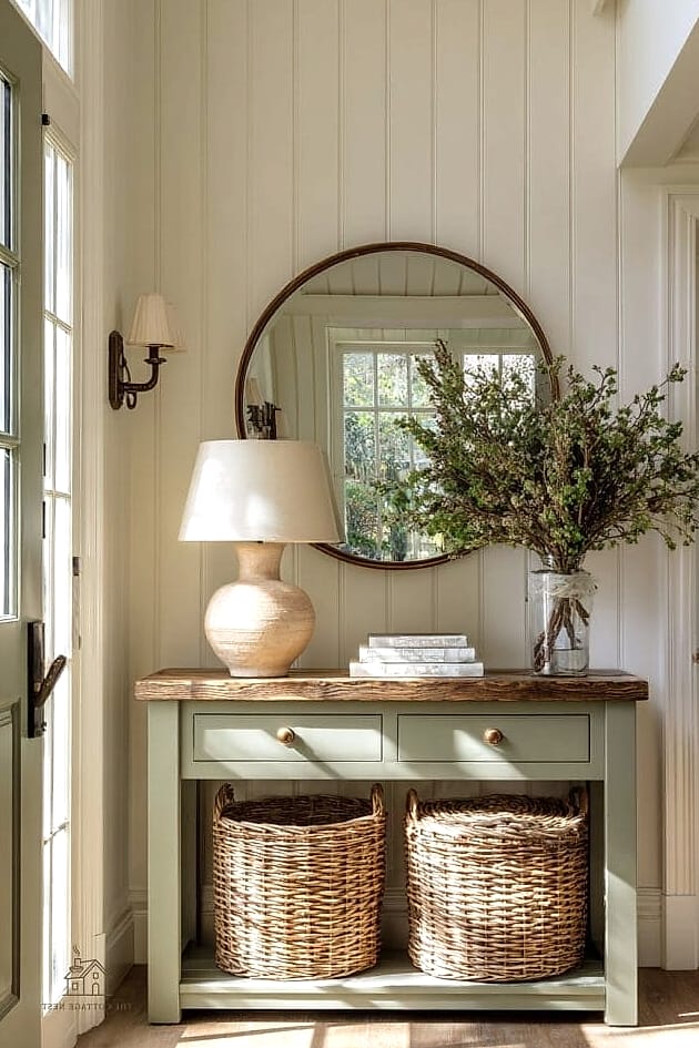 25 Chic Entryway Table Decor Ideas for a Beautiful Home 20 A Stack of Woven Placemats or Textiles