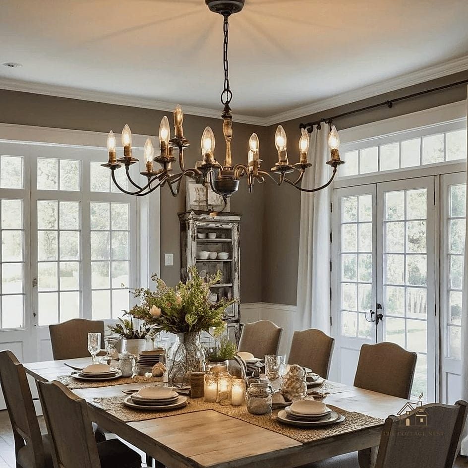 45 Brilliant Farmhouse Dining Room Lighting Ideas to Copy Right Now 14 Statement Chandelier Over a Farmhouse Table