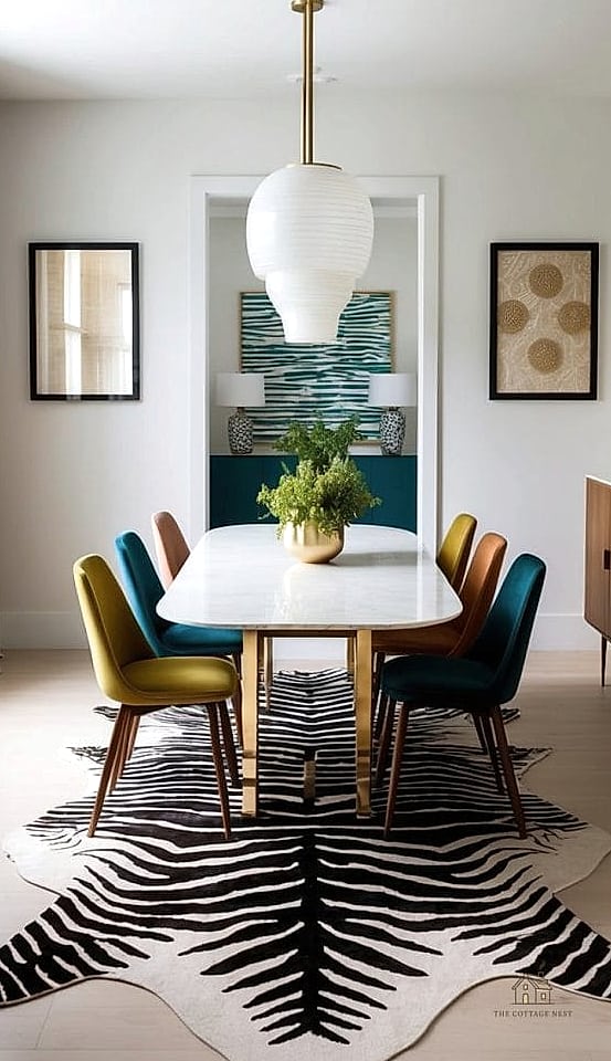 30 Clever Eclectic Dining Room Ideas for Every Style 16 Statement Rug with Bold Geometric Pattern