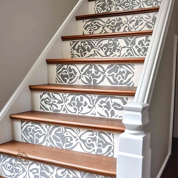 20 Cozy Basement Stairs Ideas Worth Pinning 3 Stenciled Pattern on Each Step