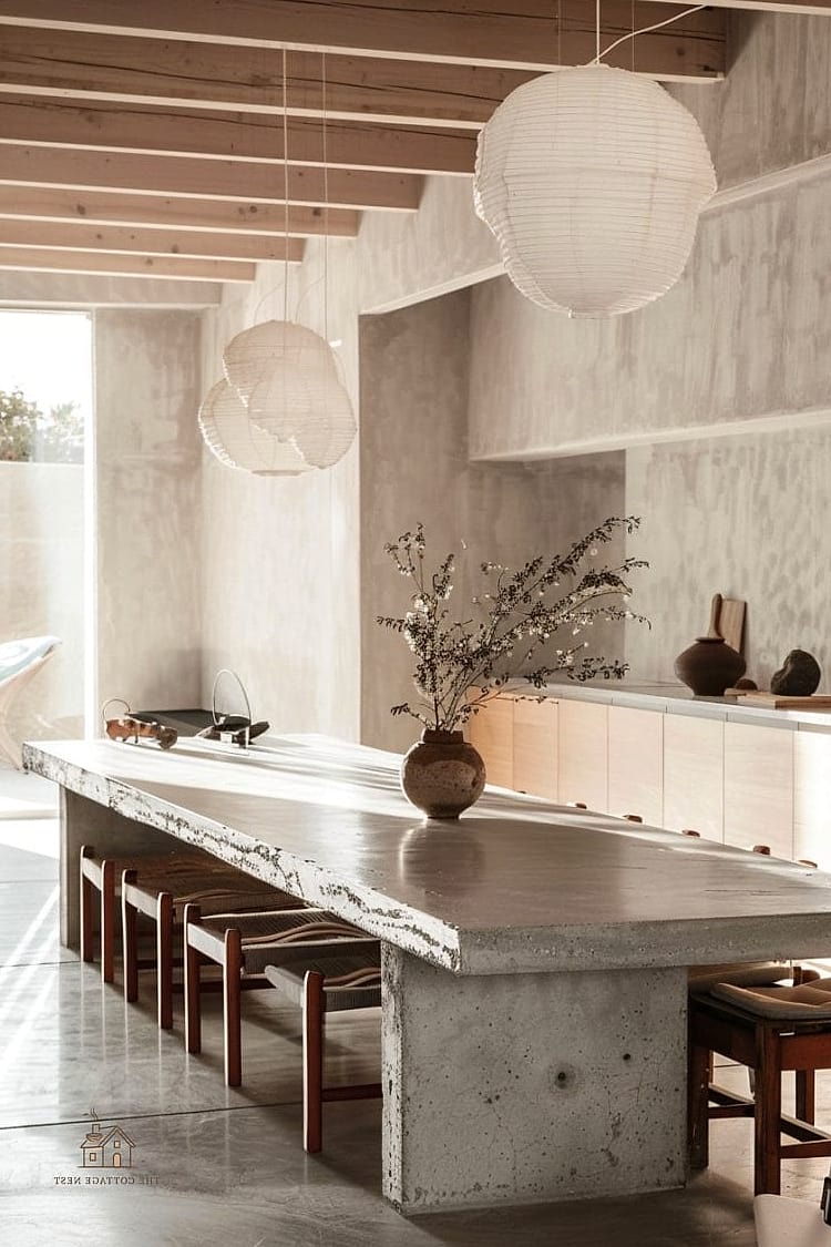 45 Gorgeous Japandi Dining Room Ideas That Are Totally Doable 18 Stone or Concrete Tabletop