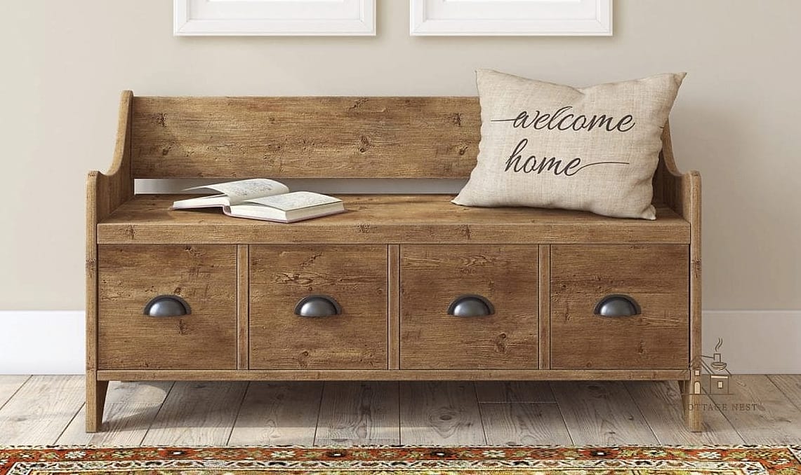 30 Amazing Entryway Bench Ideas on a Budget 13 Storage Bench with Fabric Bins