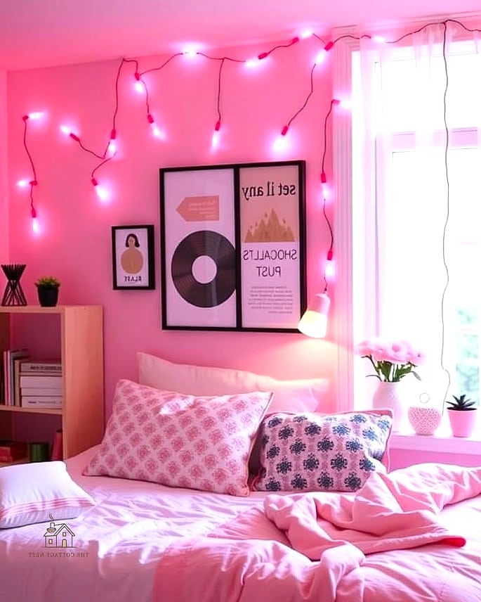 45 Brilliant Pink Dorm Room Ideas to Copy Right Now 4 String Lights with Pink Shades