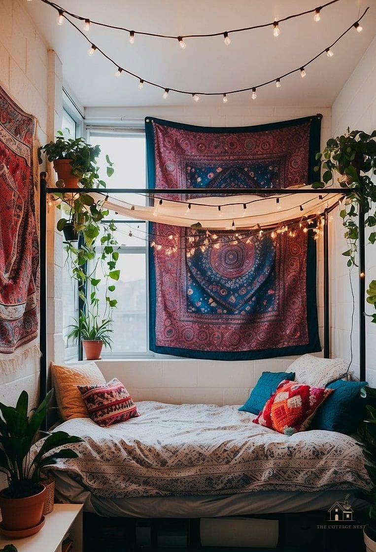 30 Beautiful Boho Dorm Room to Transform Your Space 4 String Lights with Warm Bulbs