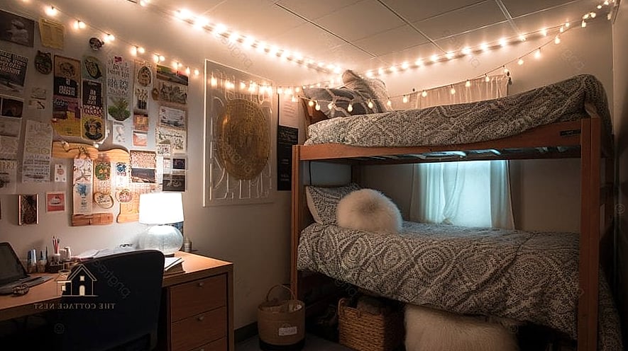 50 Beautiful College Dorm Desk Ideas to Transform Your Space 13 String Lights Around the Desk Area