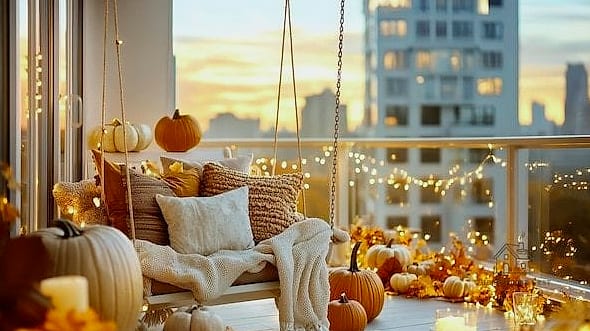 30 Cozy Fall Balcony Decor Apartment Worth Pinning 3 String Lights Draped Along the Railing