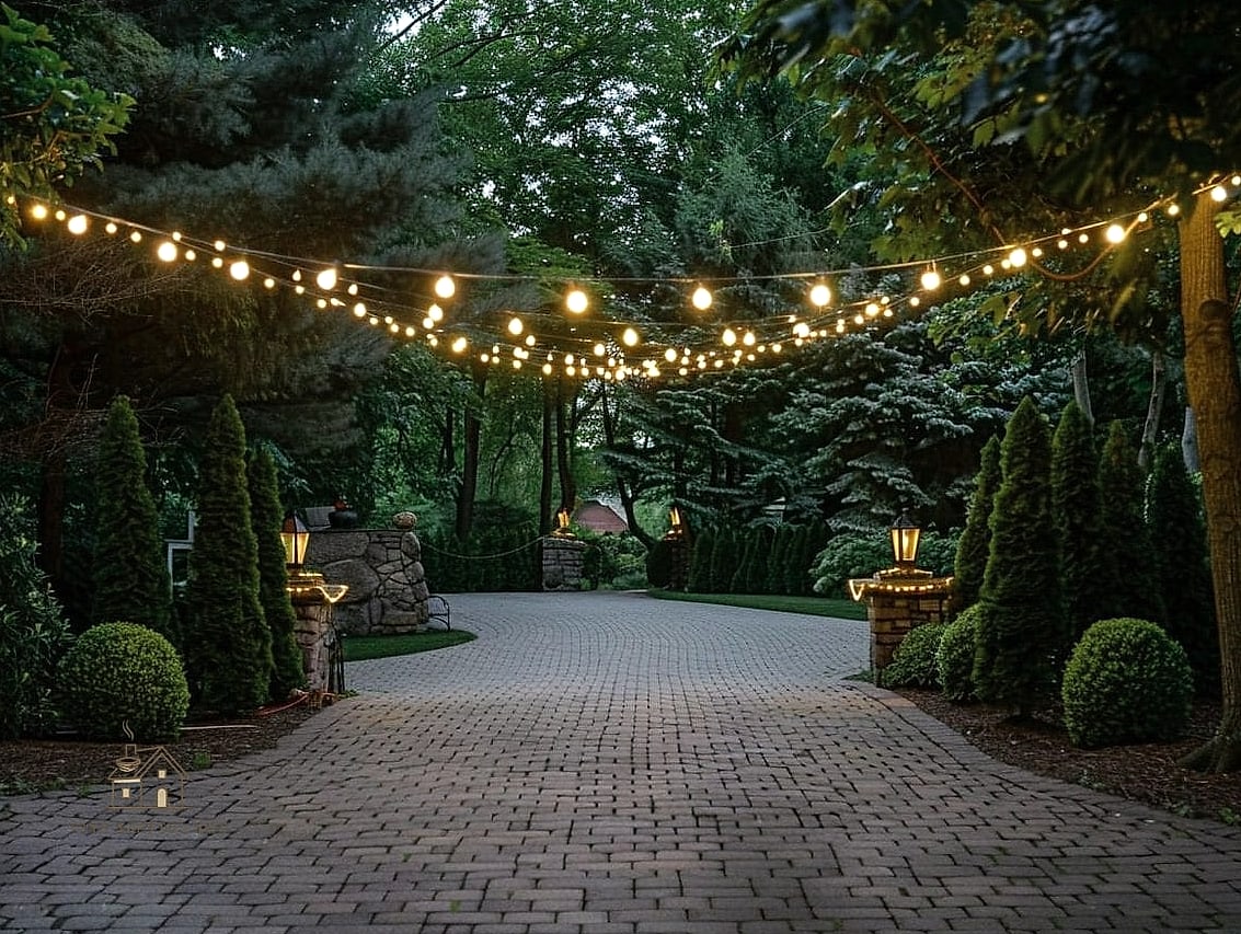 20 Cozy Driveway Landscaping Ideas Worth Pinning 10 String Lights Over the Approach