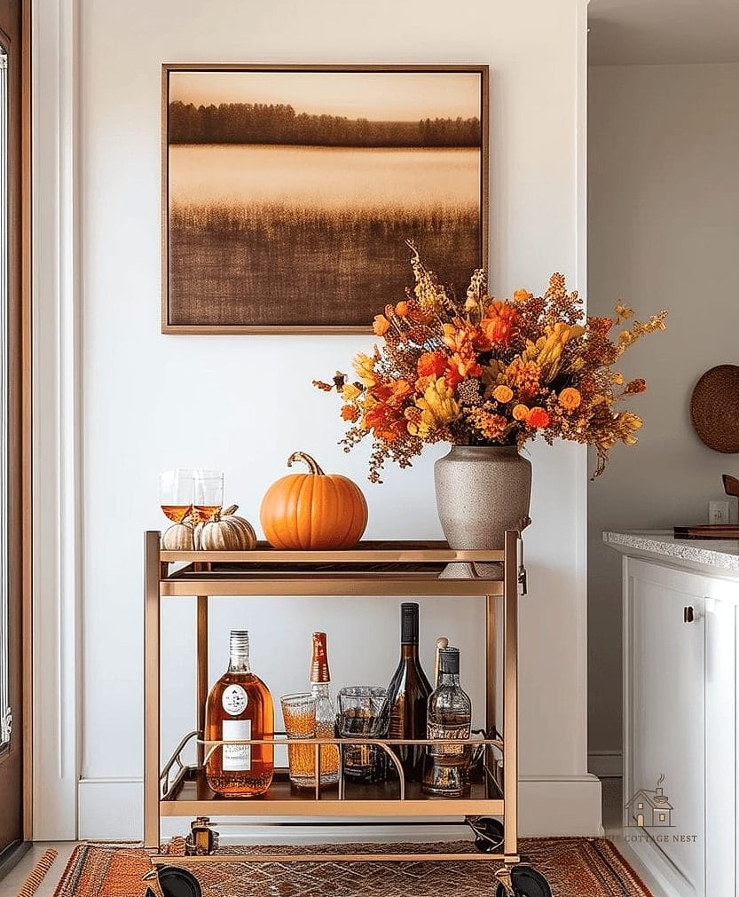 35 Creative Fall Living Room Decor That Will Inspire You 26 Style a Bar Cart with Fall-Inspired Drinkware