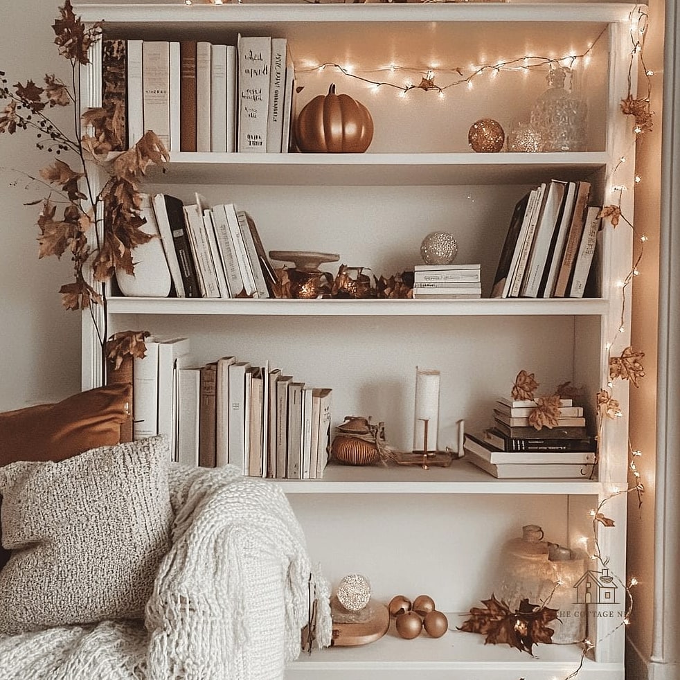 35 Creative Fall Living Room Decor That Will Inspire You 6 Style Bookshelves with Warm-Toned Ceramics