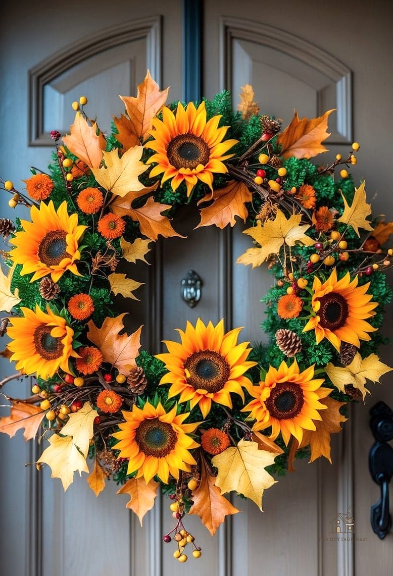 20 Dreamy Fall Wreaths For Front Door to Try This Season 7 Sunflower Statement Wreath