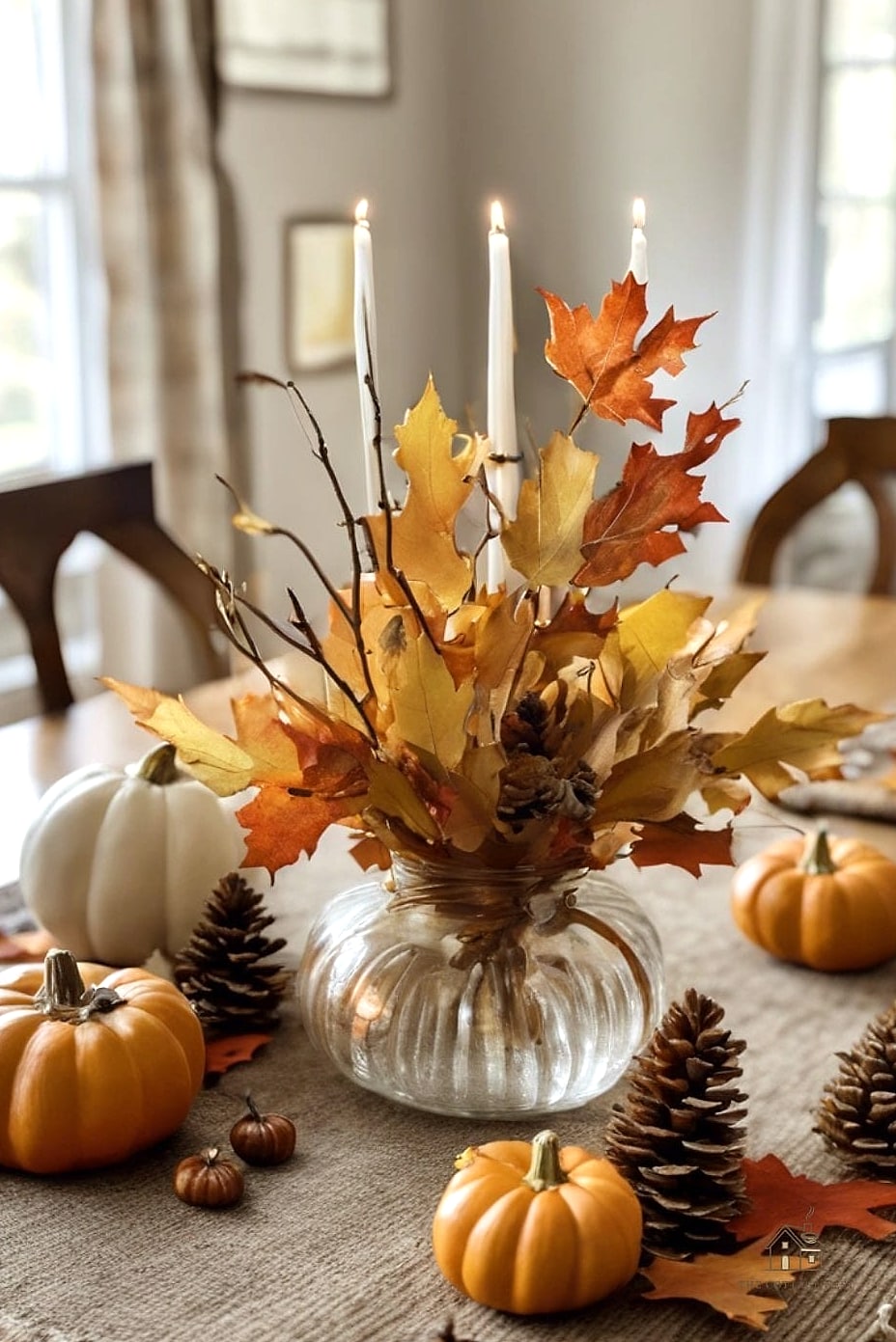 35 Beautiful Fall Table Centerpiece Ideas to Wow Your Guests 15 Tall Glass Hurricanes with Birch Logs