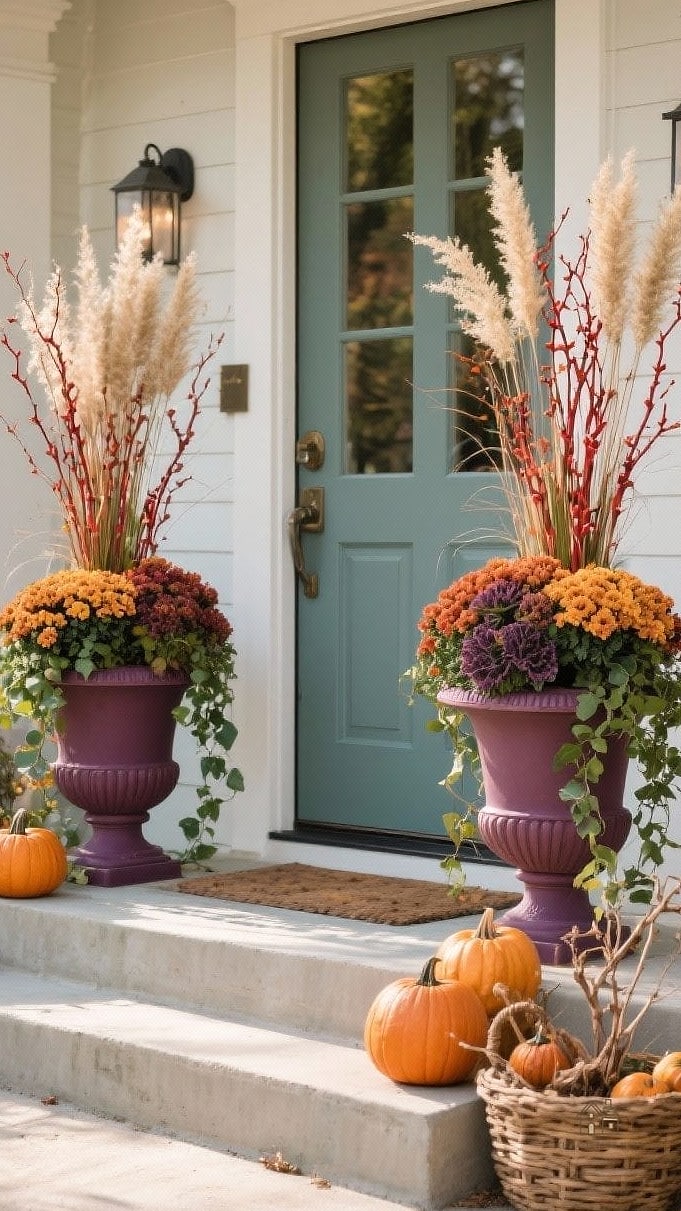 Tall Planters Flanking a Covered Porch