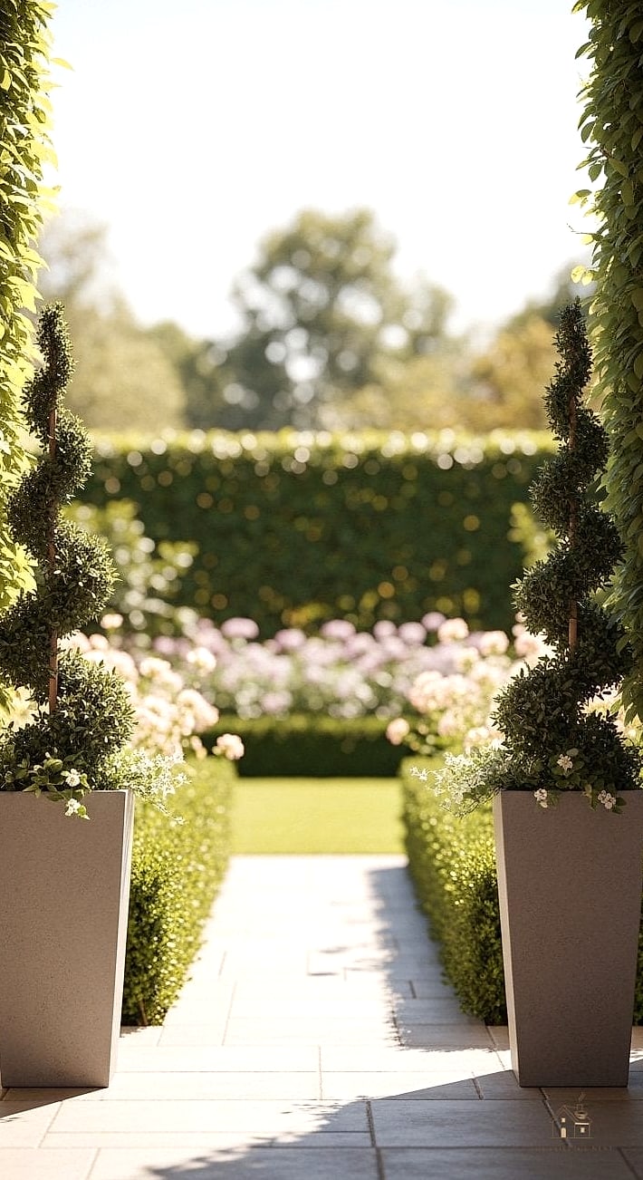 Tall Planters Framing a Symmetrical Entry