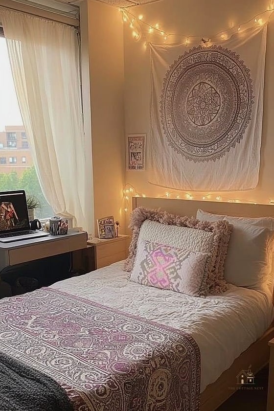 25 Gorgeous Dorm Room Ideas For Guys That Are Totally Doable 5 Tapestry as a Headboard