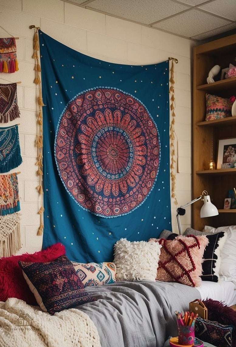 30 Beautiful Boho Dorm Room to Transform Your Space 5 Tapestry as a Statement Backdrop