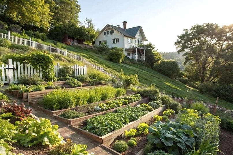 50 Clever Vegetable Garden Ideas for Every Style 48 Terraced Hillside Garden