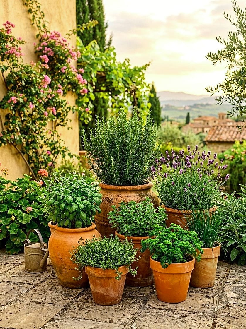 45 Chic Herb Garden Ideas for a Beautiful Home 8 Terracotta Pot Cluster on a Tray