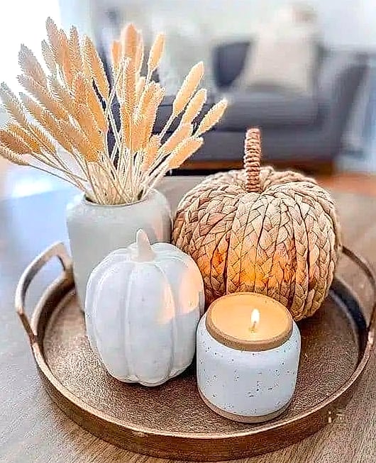 30 Dreamy Fall Tray Decorating Ideas to Try This Season 16 Textured Ceramic Tray with Candle Cluster