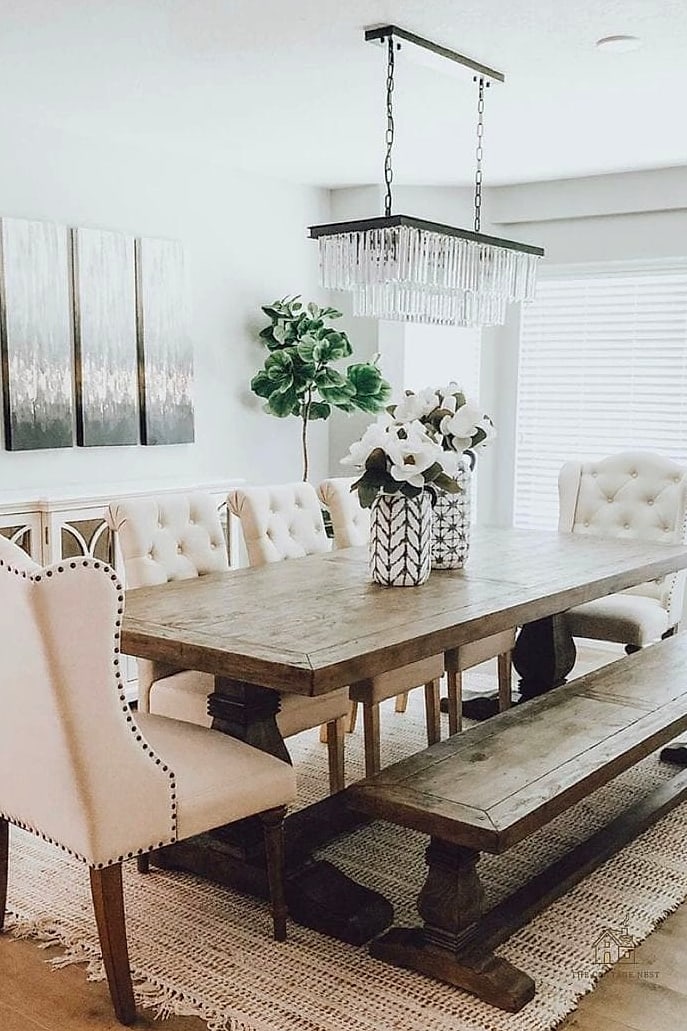 35 Gorgeous Farmhouse Dining Room Decor Ideas That Are Totally Doable 32 Textured Table Linens with Fringe Detail