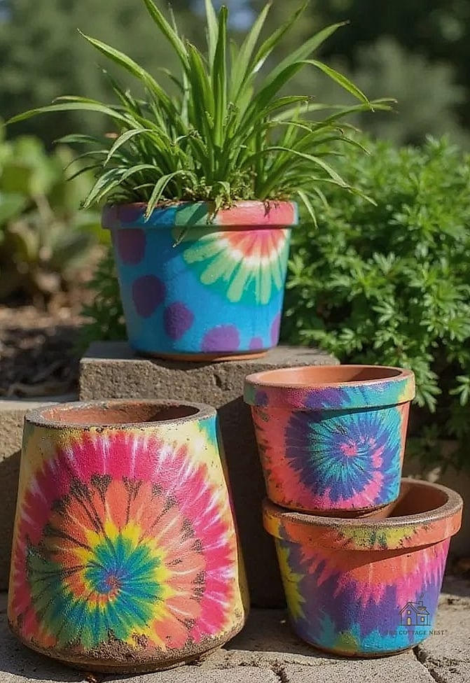 30 Amazing Flower Pots Painting Ideas on a Budget 23 Tie-Dye Inspired Swirl Pots