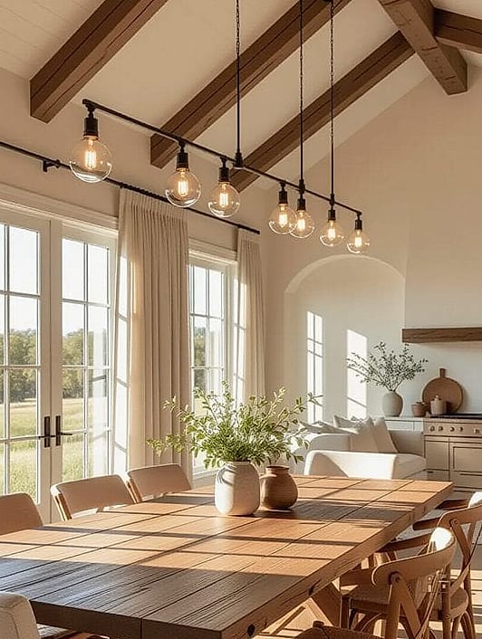 45 Brilliant Farmhouse Dining Room Lighting Ideas to Copy Right Now 24 Track-Style Farmhouse Lighting