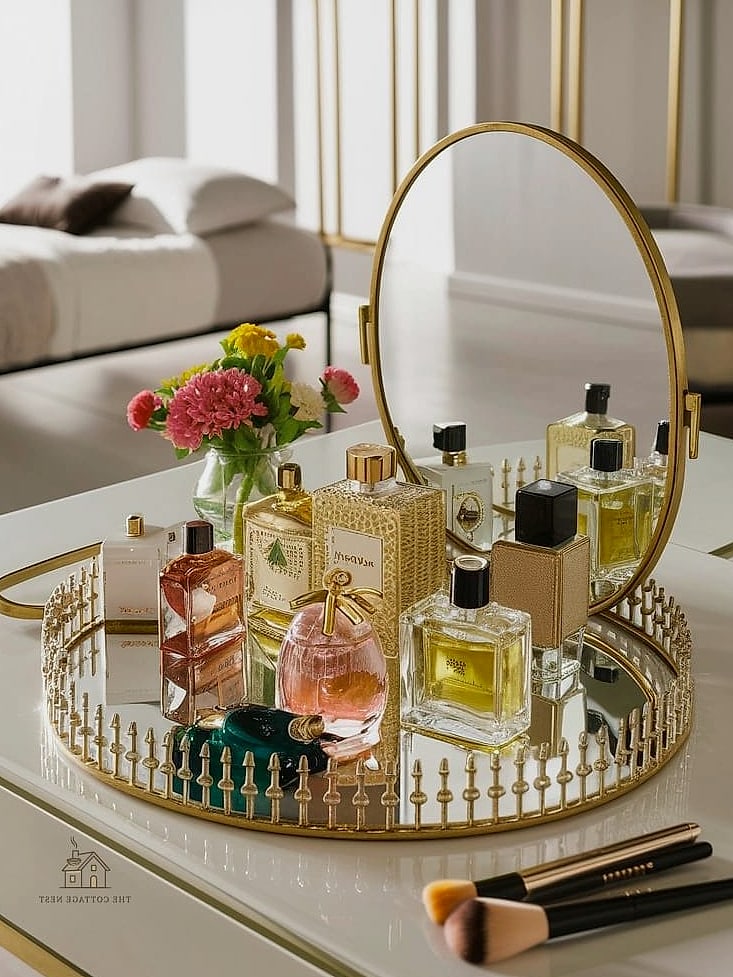25 Chic Entryway Table Decor Ideas for a Beautiful Home 19 A Tray of Perfume or Cologne Bottles