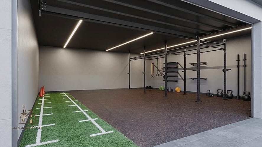 50 Beautiful Garage Gym Ideas to Transform Your Space 10 Turf Strip for Sled Pushes