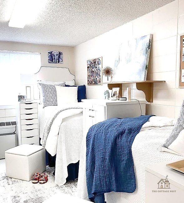 20 Clever Blue Dorm Room Ideas for Every Style 7 Two-Tone Blue and White Striped Curtains