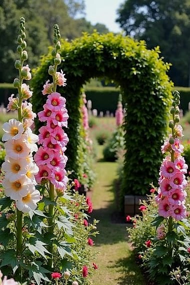 30 Dreamy English Garden Ideas to Try This Season 17 Use Hollyhocks Against a Fence or Wall